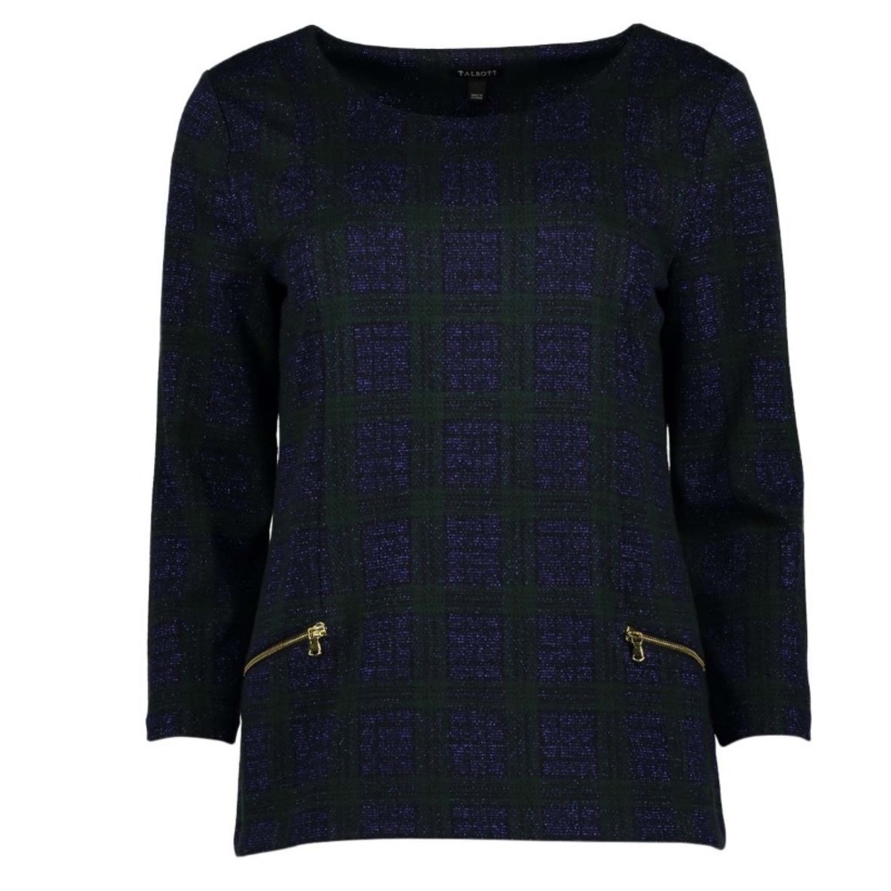 Navy Plaid Three Quarter Sleeve Zip-pocket Top